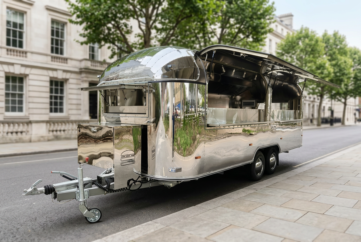 Polished silver Airstream-style food trailer with serving hatch open